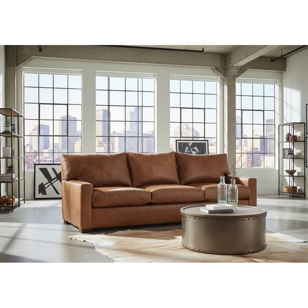 leather sofa, brown leather couch, three seater sofa, living room furniture, modern leather sofa, bestseller push, lifestyle, calm, luxurious, brown, neutral